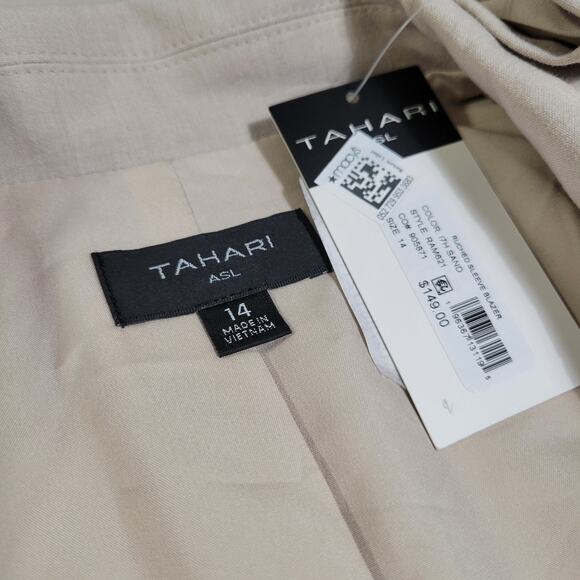 Tahari ASL Women's Ruched-Sleeve One-Button Blazer Sand NWT Size 14 - Picture 10 of 11